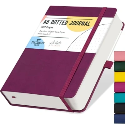 Abbildung von STATIONERY ISLAND Bullet Dotted Journal A5, Notizbuch Dotted, 100 g/m² Dickes Papier, 360 Seiten, Hardcover Tagebuch mit Stifthalter, Innentasche, 2 Lesezeichen