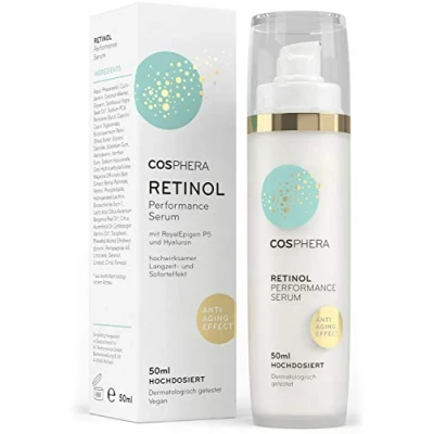 Abbildung von Cosphera Retinol Performance Serum 50 ml mit Hyaluronsäure veganes hochdosiertes Konzentrat Gel für Gesicht, Hals Anti Falten Feuchtigkeitsbehandlung Frauen und Männer