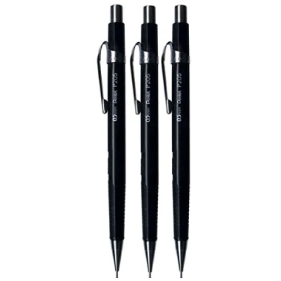 Abbildung von Pentel Bleiklammern, 0,5 mm, schwarz, P200 P205) Series Automatik mechanische Draughting, nachfüllbar, Radierer P205 ein (3 Stück)