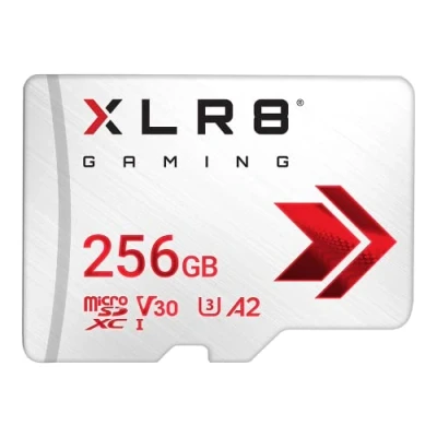 Abbildung von PNY XLR8 Gaming 128 GB Class 10 U3 V30 A2 microSDXC Flash Speicherkarte, Lesegeschwindigkeit bis zu 100 MB/s, ideal für Smartphones, Tablets, Handheld Konsolen, weiß