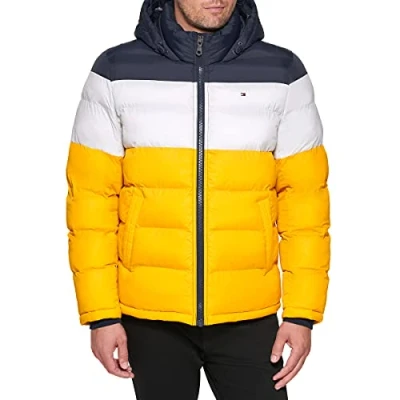 Abbildung von Tommy Hilfiger Herren Hooded Puffer Jacket Daunenalternativer Mantel, Mitternacht/EIS/Gelb, XL