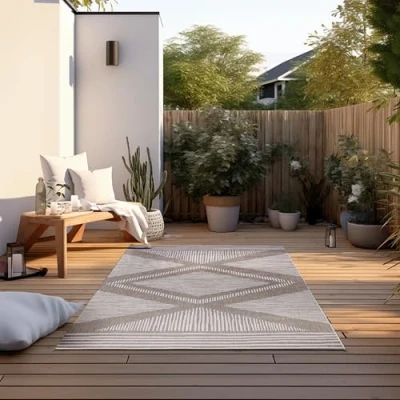 Abbildung von ELLE Decoration In und Outdoor Teppich Wendeteppich Wetterfest &amp; Wasserfest Modernes Rauten Muster Geometrisches Outdoorteppich für Garten, Balkon, Terrasse, Wohnzimmer Linen, 80x150cm