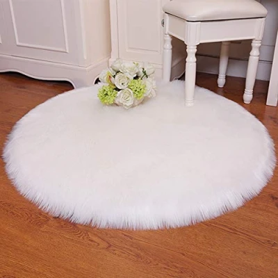 Abbildung von QINGLOU Faux Lammfell Schaffell Teppich (45 x 45cm) Wohnzimmer Schlafzimmer Kinderzimmer/Als Bett Vorleger oder Matte für Stuhl Sofa (Weiß（Runde）, 45