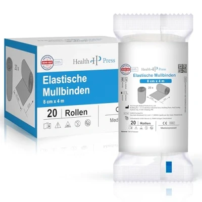 Abbildung von Health Press® Mullbinden Verbandsmaterial (8cm x 4m) 20 Rollen Elastischer Binden Verband Medizinprodukt Dermatologisch getestete Fixierbinde Bandage Ideal für Erste Hilfe &amp; Wundversorgung