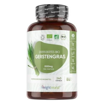 Abbildung von Bio Gerstengras Kapseln 2000mg pro Tagesdosis zertifiziert 240 vegane Barley Grass Alternative zu Gerstenpulver Pflanzliche Ergänzungsmittel 2 Monate Vorrat WeightWorld