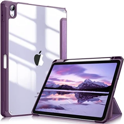 Abbildung von Fintie Hybrid Hülle für iPad Air 11 Zoll (M2) 2024, 5 2022, 4 2020 10.9 mit Stifthalter Stoßfeste Schutzhülle transparenter Hartschale auf der Rückseite, Dunkellila
