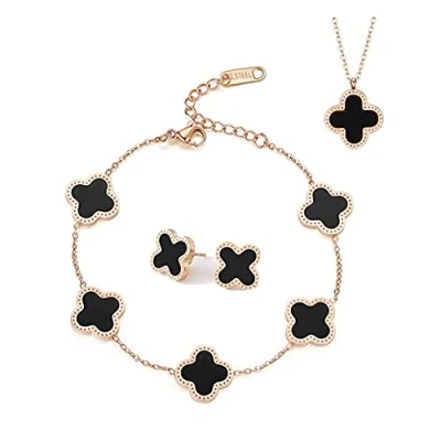 Abbildung von TOFBS Vierblättriges Kleeblatt Schmuckset für Damen und Mädchen 18K Roségold Plattiert Edelstahl Zweiseitig Schwarz Weiß Anhänger Halskette Ohrstecker Armband Emaille Schmuck Set (Schwarz)