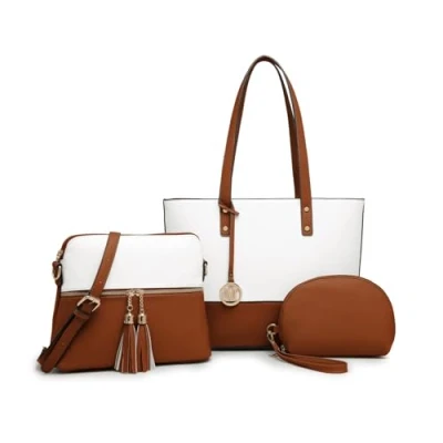 Abbildung von Miss Lulu Damen Handtasche Henkeltasche 3 Stück Sets, große Shopper Tote Bag, Umhängetasche mit Quaste Geldbörse verstellbare Schulterrie (Beige/Braun)