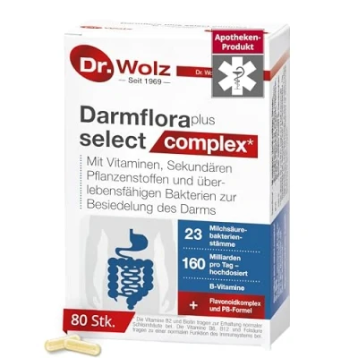 Abbildung von Darmflora plus select complex Dr. Wolz hochdosiert mit 23 Bakterienstämmen, 160 Milliarden pro Tag, Flavonoidkomplex und PB Formel, 80 Kapseln