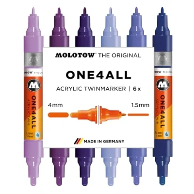 Abbildung von Molotow One4All Acrylic Twin Marker Violet Set (1,5 und 4,0 mm Strichstärke, hochdeckend permanent, schnell trocknend, nachfüllbar, für fast alle Untergründe) 6 Stück sortiert