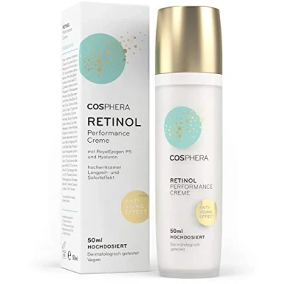 Abbildung von Cosphera Retinol Performance Creme 50 ml mit Hyaluronsäure vegane Tages und Nachtcreme hochdosiert für Gesicht, Hals, Augen Anti Falten Feuchtigkeitsbehandlung Frauen Männer