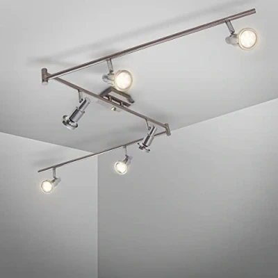 Abbildung von B.K.Licht LED Deckenlampe schwenkbar, warmweiße Lichtfarbe, GU10 Fassung, Deckenleuchte, Lampe, Wohnzimmerlampe, Schlafzimmerlampe, Küchenlampe, 180x7x14,7 cm, Matt Nickel Chrom