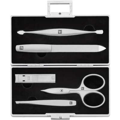Abbildung von ZWILLING Maniküreset (5 Teilig, Aluminium Case für Nagelpflege und Pediküre, Samt Inlay mit Kompakt Nagelknipser), Premium, Schwarz