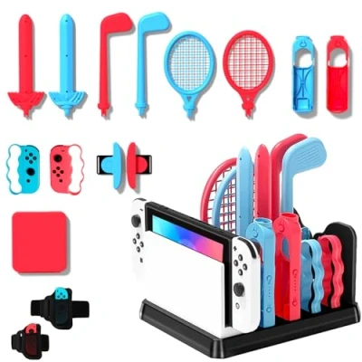 Abbildung von OLDZHU 16 in 1 Switch Sport Zubehör Set Bundle mit Organizer kompatibel Nintendo &amp; OLED Konsole,2024 Familienparty Paket Spiel Satz,Aufbewahrung für