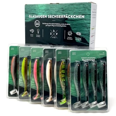 Abbildung von Zanderfang Gummifisch Set Glasaugen Gummifische für Zander, Barsch, Hecht mit Fischaroma aromatisiert UV Aktivität 6 Farben 24er