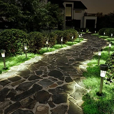 Abbildung von Solpex Solarleuchten für Garten, 16 Stück Solarlampen den Außenbereich, LED Licht, Landschafts /Wegbeleuchtung Terrasse, Rasen, Hof, Auffahrt, Gehweg (Edelstahl) Kaltweiß