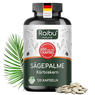 Abbildung von Saw Palmetto Extrakt (Sägepalmenextrakt) mit Kürbiskern Kapseln 650 mg pro Kapsel davon 27.5 Phytosterole (%5) Hochdosiertes Sägepalmextrakt + Kürbiskernextrakt Ohne Zusätze