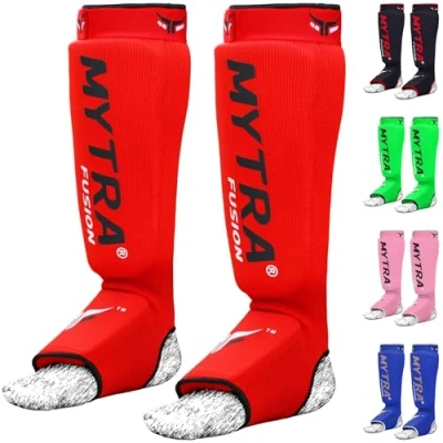 Abbildung von Mytra Fusion Schienbeinschoner kickboxen MMA muay thai Karate Pads Crossfit Boxen (S/M, Red)