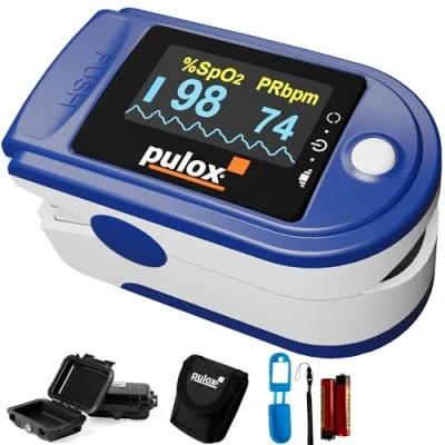 Abbildung von Pulsoximeter Pulox PO 200 Set in Blau zur Messung von Sauerstoffsättigung, Puls und PI am Finger inkl. Hardcase, Schutzhülle, Batterien Trageband