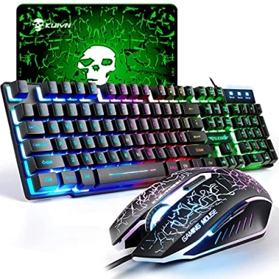 Abbildung von UK Layout Gaming Tastatur und Maus Sets Rainbow Backlit Ergonomische USB 2400 DPI 6 Tasten Optische Regenbogen LED für PC/Computer/Laptop/Xbox / PS4/ PS5