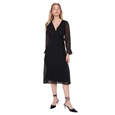 Abbildung von Trendyol Damen Regular A Linie V Ausschnitt Webstoff Kleid, Schwarz, 36