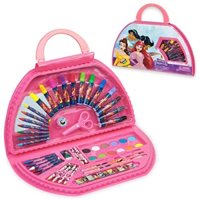 Abbildung von Disney Stitch Malkoffer 45+ Stück für Kinder ab 3, Prinzessin Malset Buntstifte Wachsmalstifte Tragbarer Geschenke (Rosa Prinzessinnen Set)