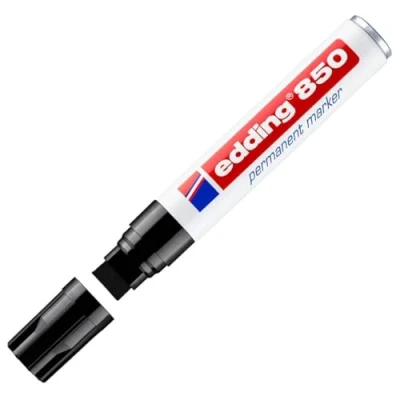 Abbildung von edding 850 Permanentmarker schwarz 5 Stifte Keil Spitze 15 mm für breite Markierungen wasserfest, schnell trocknend, wischfest Karton, Kunststoff, Holz, Metall, Glas