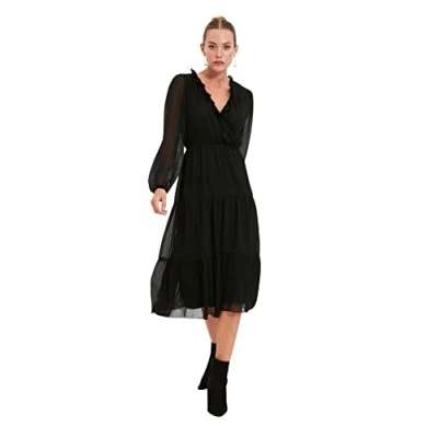 Abbildung von Trendyol Damen Woman Midi A line V hals geweven jurk Dress, Schwarz, 40 EU