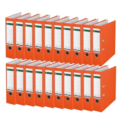 Abbildung von Leitz Qualitäts Ordner 180 Plastik, 20er Pack, das Original, DIN A4 Aktenordner 8 cm breit, 90% Recycling Karton, 30% Pre Consumer Kunststoff, Mit Mechanik, 600 Blatt, Orange, 10105045