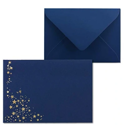 Abbildung von 50x Weihnachts Briefumschläge DIN B6 mit Gold Metallic geprägtem Sternenregen Farbe: dunkelblau, Nassklebung, 110 g/m² 120 x 176 mm Marke: GUSTAV NEUSER