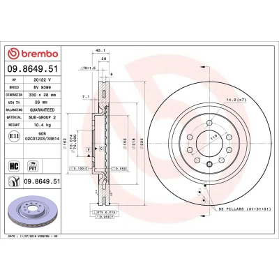 Abbildung von BREMBO 09.8649.51 Bremsscheibe 330 28 7 innenbelüftet beschichtet hochgekohlt OPEL: Corsa E Hatchback