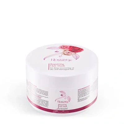 Abbildung von Ros&#039;Line tiefenreparierende Haarmaske mit Aminosäuren, intensive Haarpflege für kaputtes Haar, glättende Haarkur gegen Haarbruch rosenwasser, rosenöl und arganöl 350ml