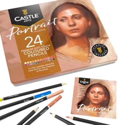 Abbildung von Castle Arts Themed 24 Buntstiftsets in Blechdose, perfekte Farben für &#039;Portraits&#039;. Mit hochwertigem, glattem Farbkern, hervorragender Misch und Überlagerungsleistung großartige Ergebnisse