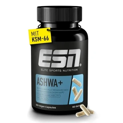 Abbildung von ESN Ashwa +, patentierter Ashwagandha Wurzelextrakt KSM 66®, 120 Kapseln, indische Schlafbeere, mit Anti Stress Nährstoffen Magnesium, Vitamin B6 &amp; Zink, vegan, geprüfte Qualität made in Germany