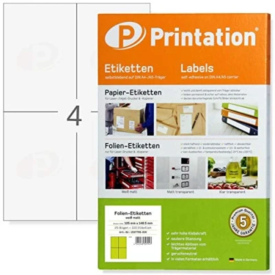 Abbildung von Printation Weiße wetterfeste FolienEtiketten 105 x 148,5 mm matt weiß auf 25 DIN A4 Bogen 4 pro Blatt 2x2 100 Aufkleber wetterfest selbstklebend 105x148,5 Folien mit Laser Drucker bedruckbar