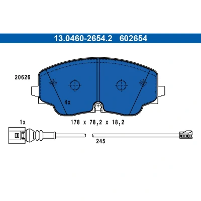 Abbildung von ATE 13.0460 2654.2 Bremsbelagsatz inkl. Verschleißwarnkontakt VOLKSWAGEN: Golf VIII Hatchback, Variant, AUDI: A3 Sportback