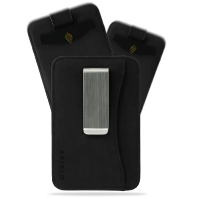 Abbildung von AKIELO Kartenetui mit RFID Schutz, Geldklammer und Geschenkbox Minimalistisch Herren Geldbörse Kompakte Schlanke Wallet (Charlie Schwarze Ausgabe Geldklammer)