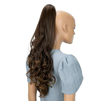 Abbildung von CAISHA 60cm Haarteil Ponytail Zopf Pferdeschwanz Haarverlängerung Voluminös Leicht Gewellt Dunkelbraun Mix H521