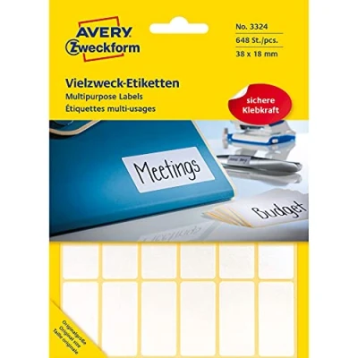 Abbildung von Avery Zweckform 3324 Haushaltsetiketten selbstklebend (38x18mm, 648 Aufkleber auf 27 Bogen, Vielzweck Etiketten für Haushalt, Schule und Büro zum Beschriften Kennzeichnen) blanko, weiß
