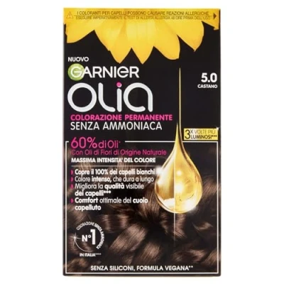 Abbildung von Garnier Olia Haarfarbe, ohne Ammoniak, deckt 100% weißes Haar ab, vegane Formel, Braun