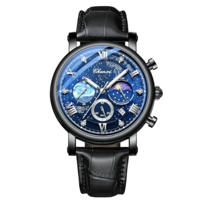 Abbildung von JewelryWe Herrenuhr Echtleder Chronograph Uhr: 30m Wasserdicht Analog Quarz Armbanduhr Herren Schwarz Lederband Sternenhimmel Multifunktional Uhr mit Kalender, Leuchtzeiger, Stoppuhr, Gehäuse
