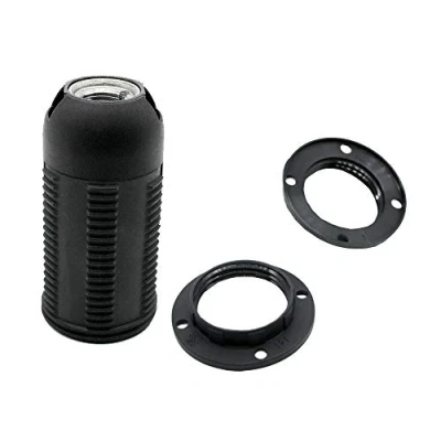 Abbildung von SET E14 Fassung schwarz Gewindemantel + 2x Schraubring, Rastkappe mit Gewinde M10x1 Thermoplast Schraubfassung für Glühlampe und LED