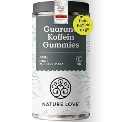 Abbildung von NATURE LOVE® Guarana Koffein Gummies 90 Stück ohne Zuckerzusatz 45mg pro Tagesdosis als Alternative zu Kaffee, Energydrinks und Koffeintabletten vegan laborgeprüft