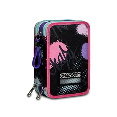 Abbildung von Federmäppchen SEVEN, Mäppchen, mehrfarbig, Federtasche für Schreibwaren, Etui mit Stiften, Kugelschreiber, &amp; mehr, 3 Fächer, Mädchen Jungen, Schule Grundschule, XXL Fantasy Black rosa/schwarz