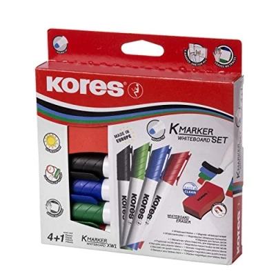 Abbildung von Kores K Marker XW1: Bunte Whiteboard mit Rundspitze, trocken abwischbar und nahezu geruchslose Tinte, Schul Bürobedarf, Set aus 4 Sortierten Farben + 1 Magnetlöschschwamm