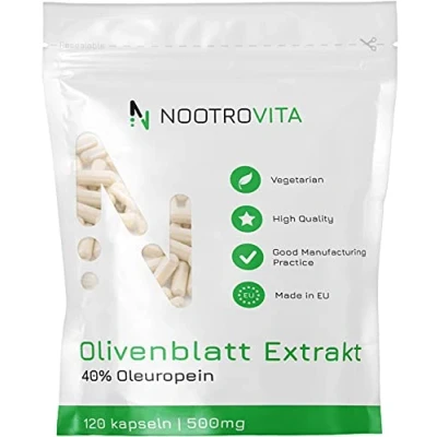Abbildung von Olivenblattextrakt 120 Kapseln 500mg mit 40% Oleuropein Hochdosiert Vegan Olivenblatt Extrakt Allergen, Gluten Frei Olive Leaf Extract Hergestellt in ISO Zertifizierten Betrieben Nootrovita