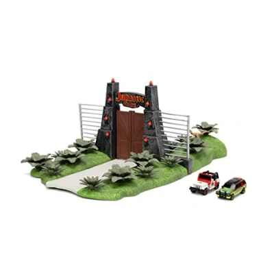 Abbildung von Jada Toys Jurassic World Nano Scene (17x18 cm) Spiel Kulisse mit Park Tor, 2 Metall Autos (Jeep Wrangler und Ford Explorer) &amp; Dinosaurier Deko, für Fans Kinder ab 6 Jahre