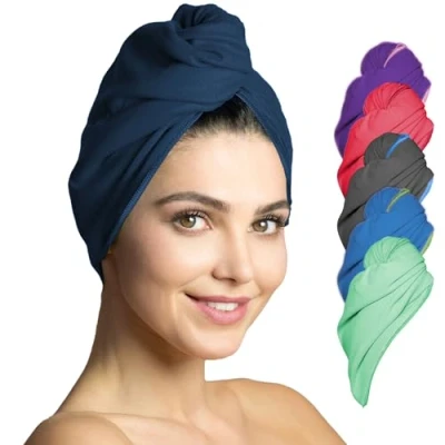 Abbildung von Fit Flip Haarturban Mikrofaser 2 Stück Haarhandtuch mit Knopf schnelltrocknend und saugstark Microfaser Kopf Turban Haar Handtuch (Marineblau)