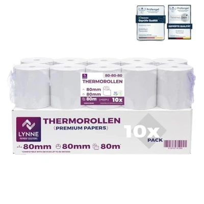Abbildung von 10x Thermorollen Bonrollen Kassenrollen 80mm x 80m 12mm (80x80x12) für alle gängigen Thermopapier Kassen Bondrucker BPA Frei
