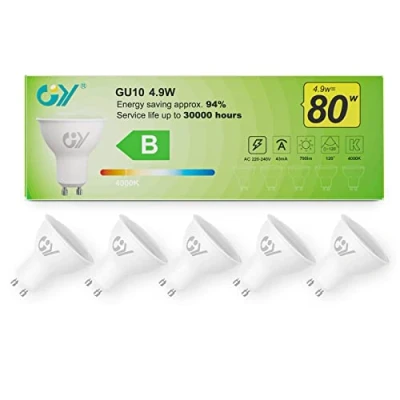 Abbildung von GY GU10 LED Neutralweiss Lampe 4.9W 790 Lumen 4000K Neutralweiß Glühbirnen,80W Halogenlampe ersetzt,Abstrahlwinkel 120 Leuchtmittel,Nicht Dimmbar Energiesparlampe,5er Pack (Energieeffizienzklasse B)